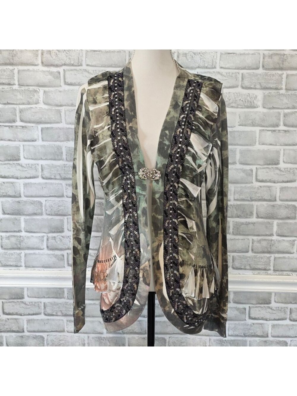 Spy Zone Exchange Camo Floral Ruffle Cardigan Whimsigoth Grunge Crystal Clasp M